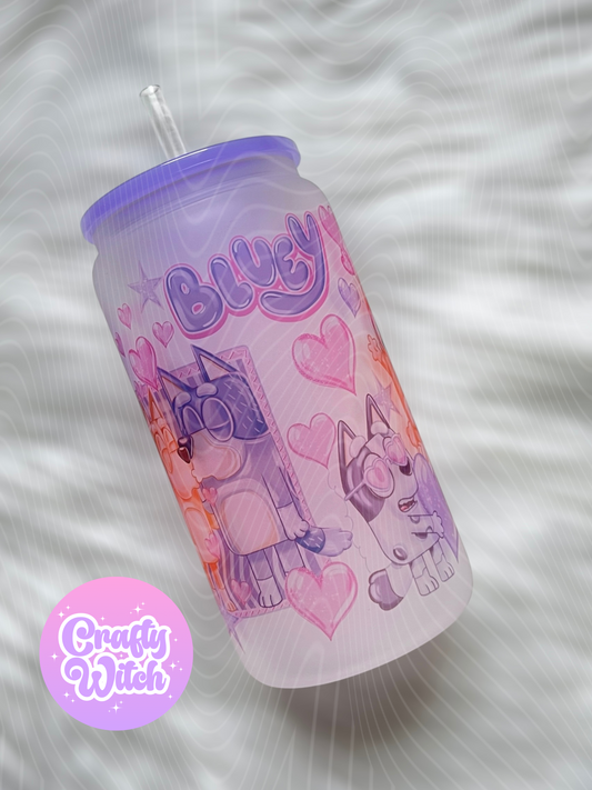 Valentines Blue Dog 16oz Frosted Glass Can