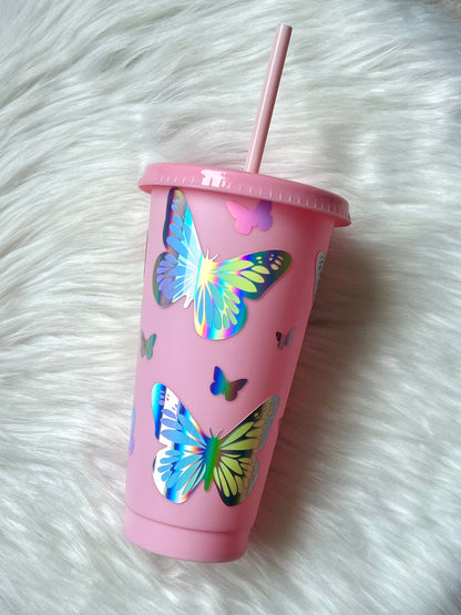 Rainbow Holo Butterfly Pink 24oz Cold Cup