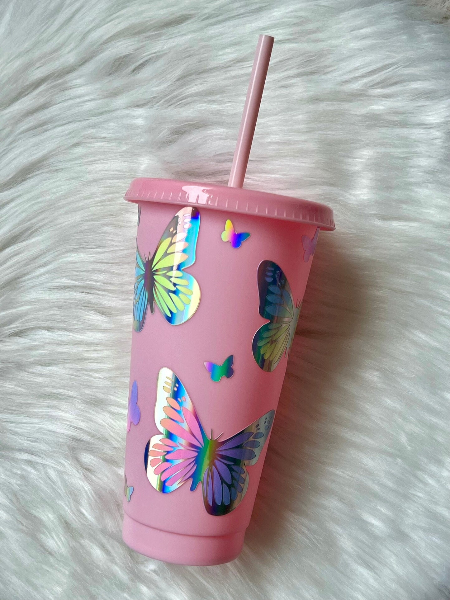 Rainbow Holo Butterfly Pink 24oz Cold Cup