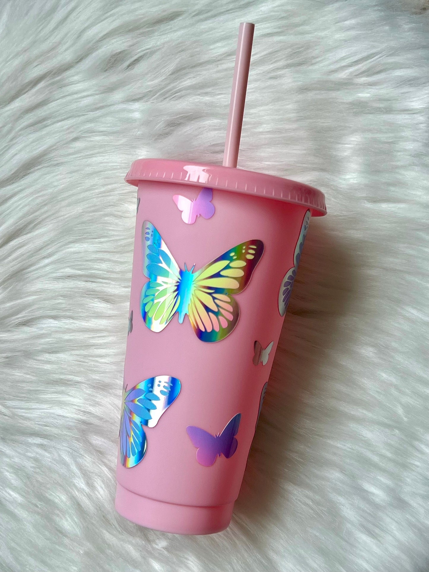 Rainbow Holo Butterfly Pink 24oz Cold Cup